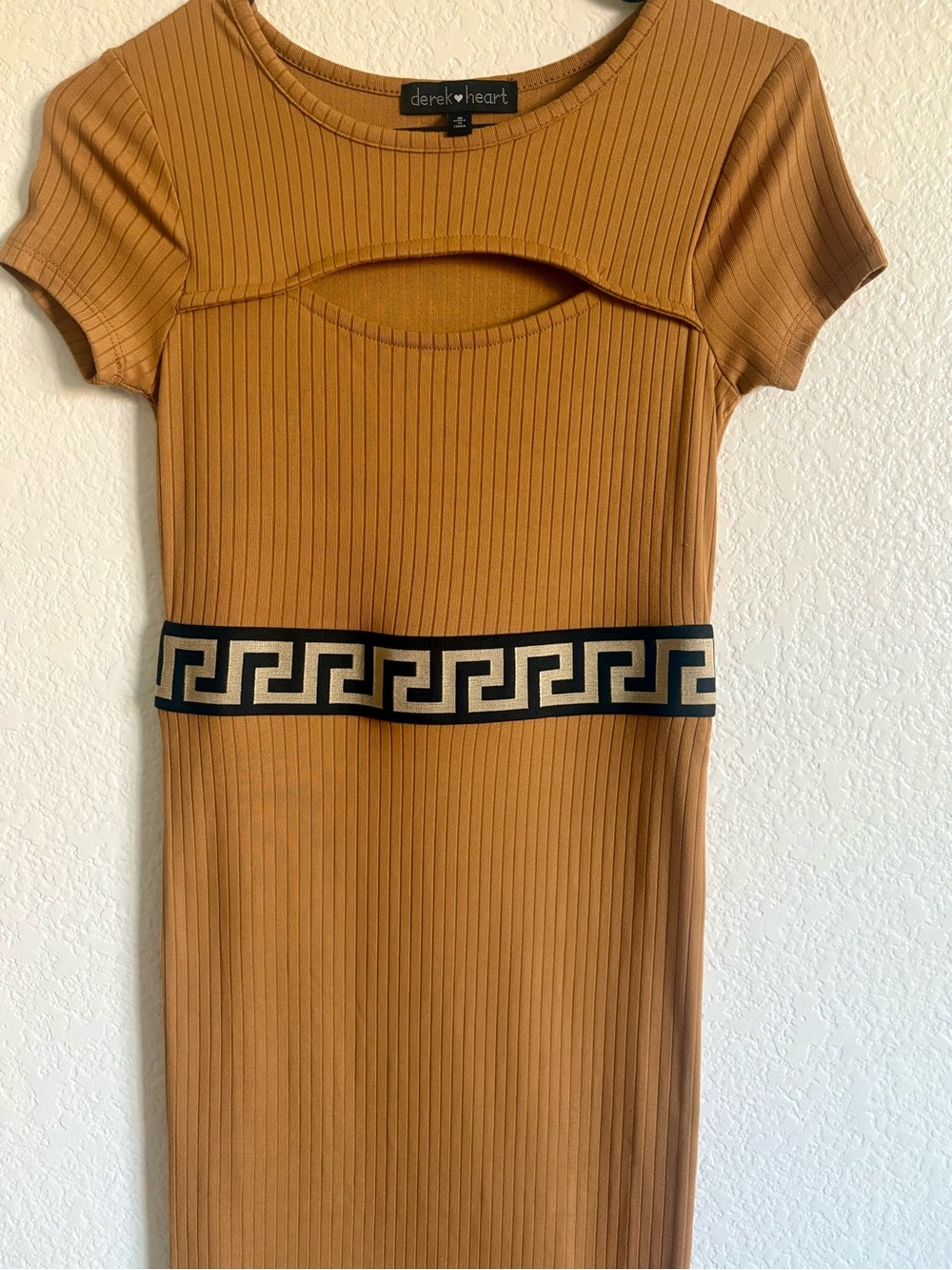 Derek Heart Mustard Ribbed Midi Dress with Black Greek-Key Waistband